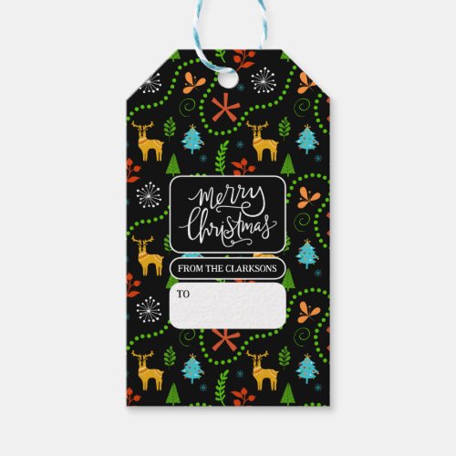 Merry Christmas in the Forest Pattern on Black Gift Tags