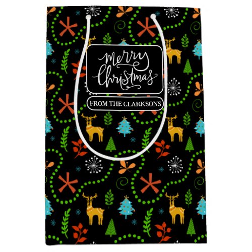 Merry Christmas in the Forest Pattern on Black Medium Gift Bag