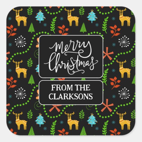Merry Christmas in the Forest Pattern on Black Square Sticker