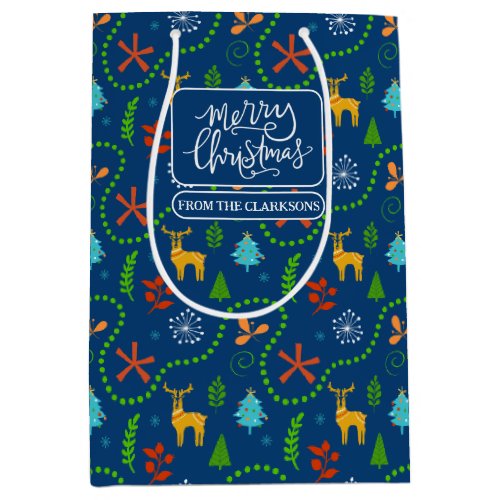 Merry Christmas In The Forest Pattern on Blue Medium Gift Bag