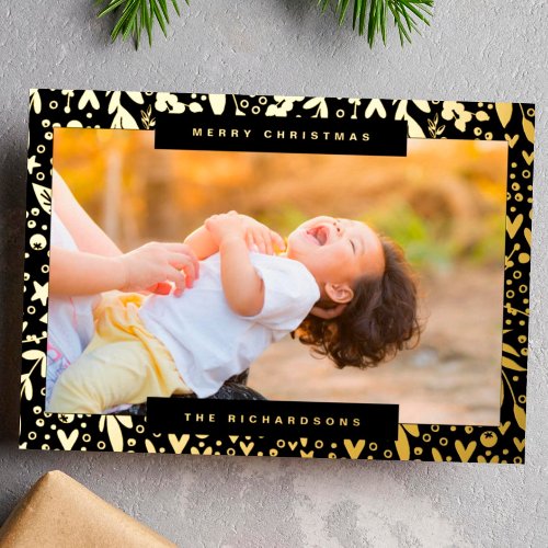 Merry Christmas in white black  gold photo florals Foil Holiday Card