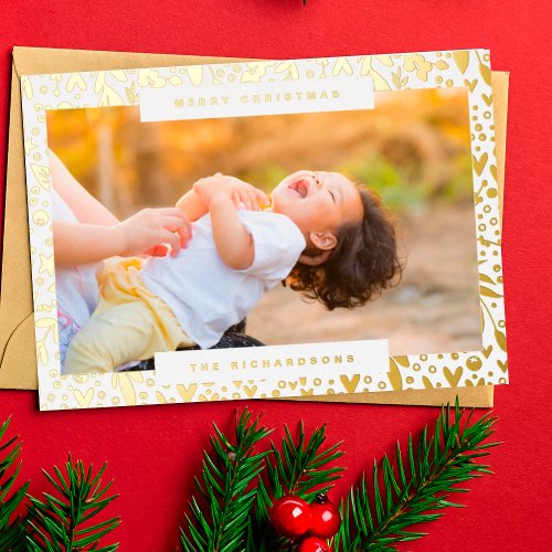 Merry Christmas in white red gold photo florals Foil Holiday Card