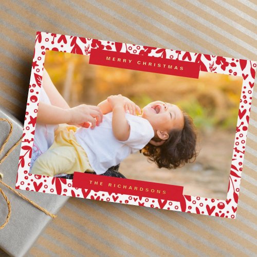 Merry Christmas in white red text photo florals Foil Holiday Card