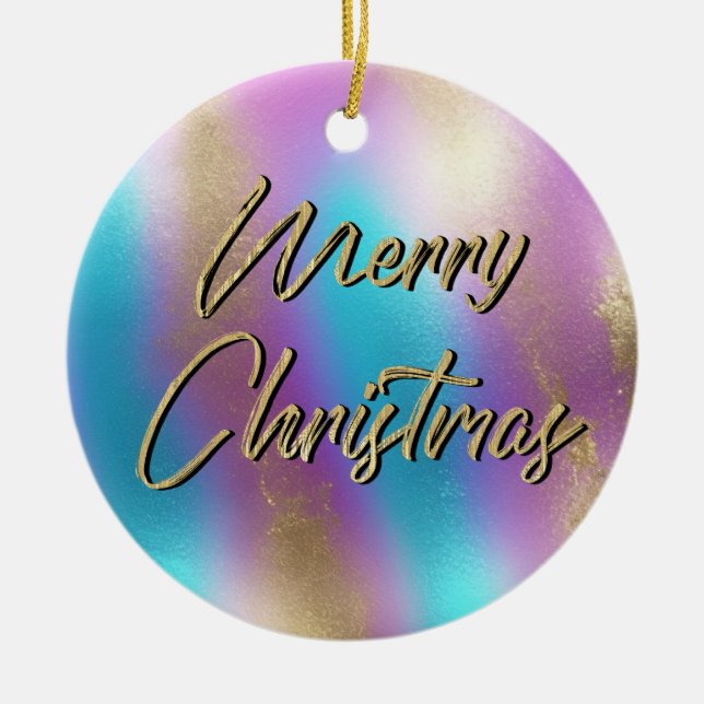 Merry Christmas Iridescent Rainbow Glam Ceramic Ornament (Front)