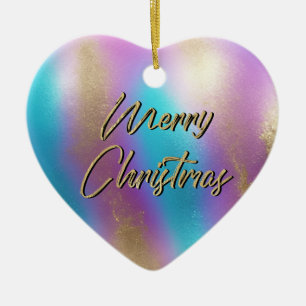 Merry Christmas Iridescent Rainbow Glam Ceramic Ornament