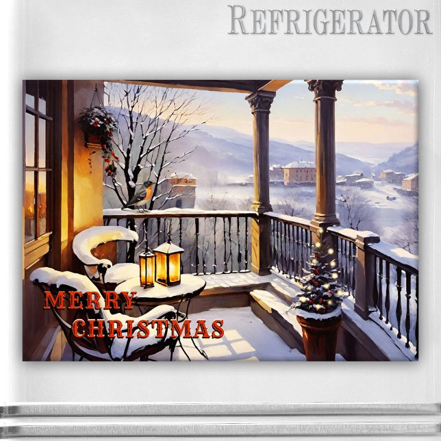 Merry Christmas Italian Balcony Magnet (Merry Christmas rectangle magnet featuring an Italian balcony winter wonderland with lanterns)