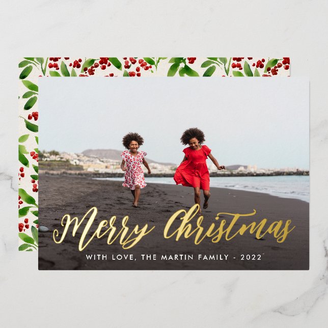 Merry Christmas Ivory Botanical Print One Photo Foil Invitation (Front/Back)