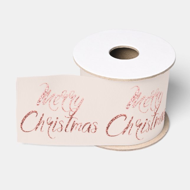 Merry Christmas Ivory Pastel Pink Roe Gold Grosgrain Ribbon (Spool)