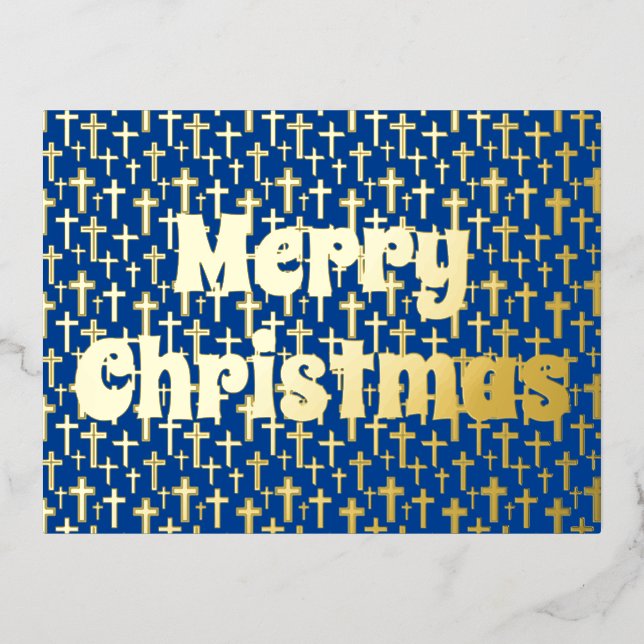 Merry Christmas Jesus cross elegant royal blue Foil Holiday Postcard (Front)