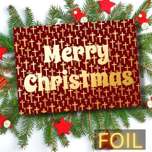 Merry Christmas Jesus cross retro regal burgundy Foil Holiday Card