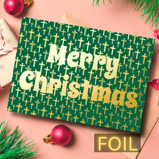 Merry Christmas Jesus cross retro typography green Foil Holiday Card (Creator Uploaded)