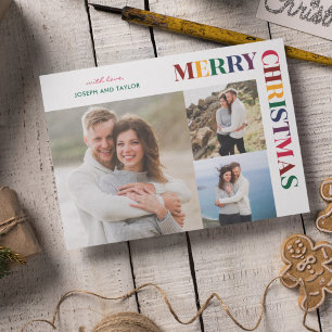 Merry Christmas Jewel Tone Typography 3 Photos Holiday Card