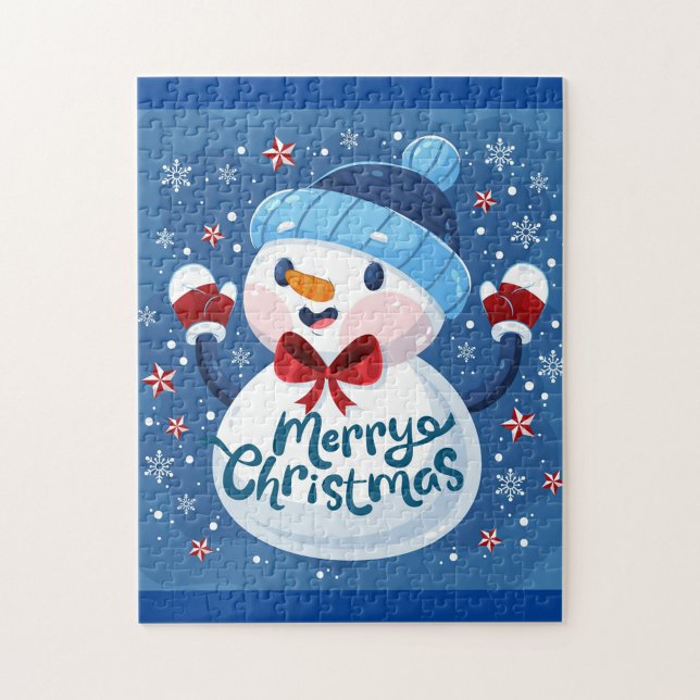 Merry Christmas Jigsaw Puzzle (Illustration of a jigsaw puzzle with a snowman wearing a blue hat and red bowtie!)