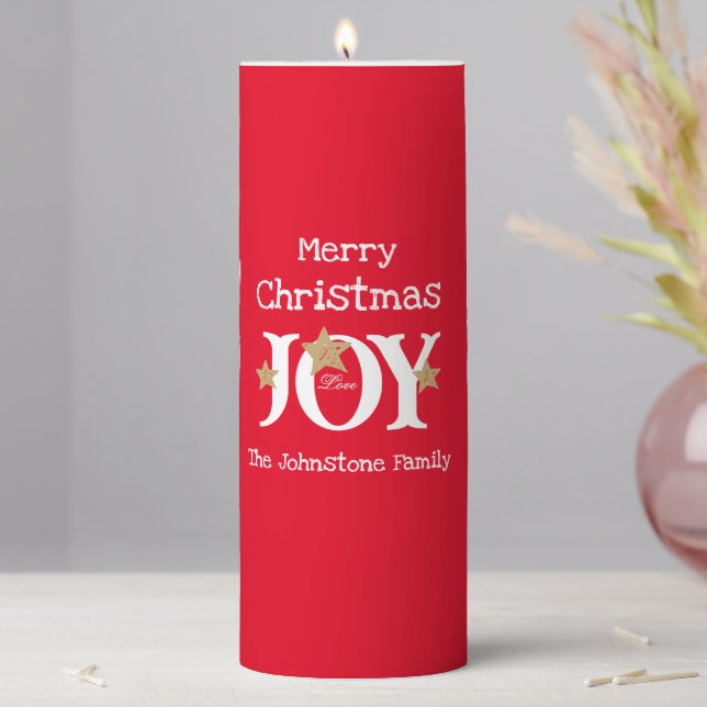 Merry Christmas Joy Chic Script Name Cool Red  Pillar Candle (In Situ)