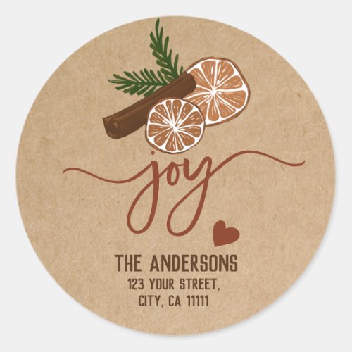 Merry Christmas Joy Cinnamon Rustic Typography Classic Round Sticker