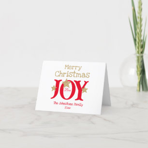 Merry Christmas Joy  Elegant Script Red White Gold Holiday Card