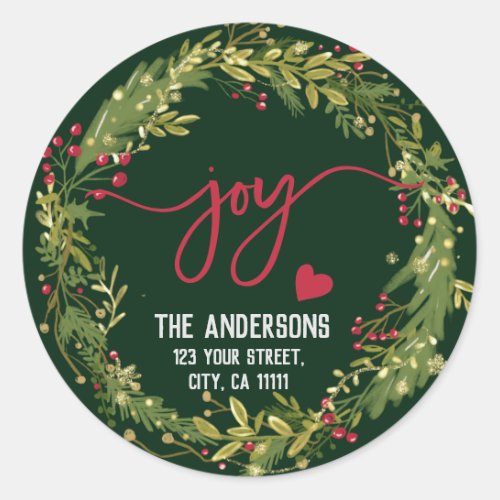 Merry Christmas Joy Holly Wreath Rustic Typography Classic Round Sticker