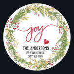 Merry Christmas Joy Holy Wreath Rustic Typography Classic Round Sticker<br><div class="desc">Merry Christmas Joy Holy Wreath Return Address Labels,  Rustic Typography with glitter greenery</div>