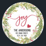 Merry Christmas Joy Holy Wreath Rustic Typography Classic Round Sticker<br><div class="desc">Merry Christmas Joy Holy Wreath Return Address Labels,  Rustic Typography with glitter greenery</div>