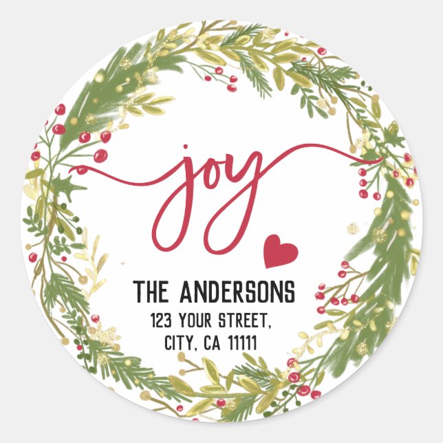 Merry Christmas Joy Holy Wreath Rustic Typography Classic Round Sticker (Front)
