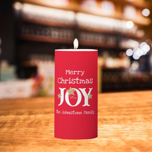 Merry Christmas Joy Name Chic Script Rustic Red  Pillar Candle (Set a joyful holiday mood with one of these long lasting candles.)