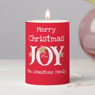Merry Christmas Joy Rustic Red Name Chic Script Pillar Candle
