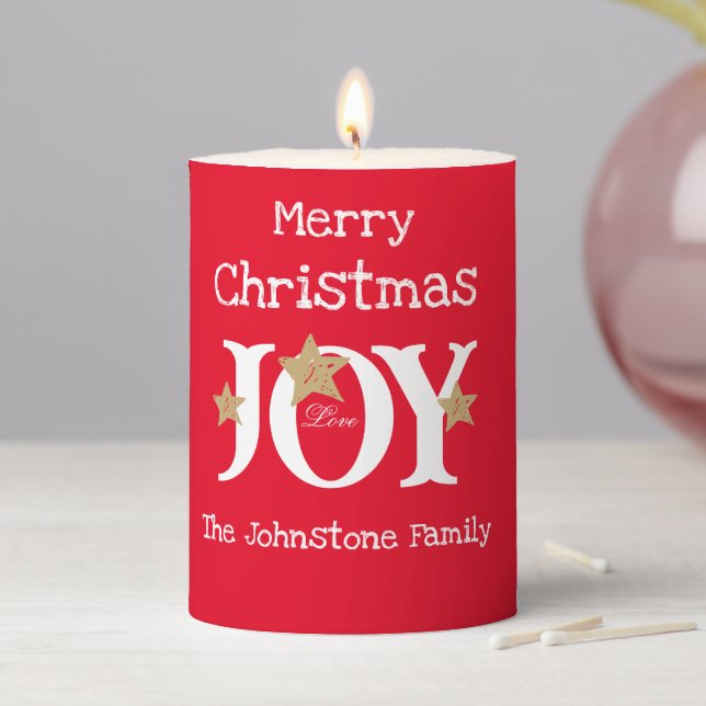 Merry Christmas Joy Rustic Red Name Chic Script  Pillar Candle (In Situ)