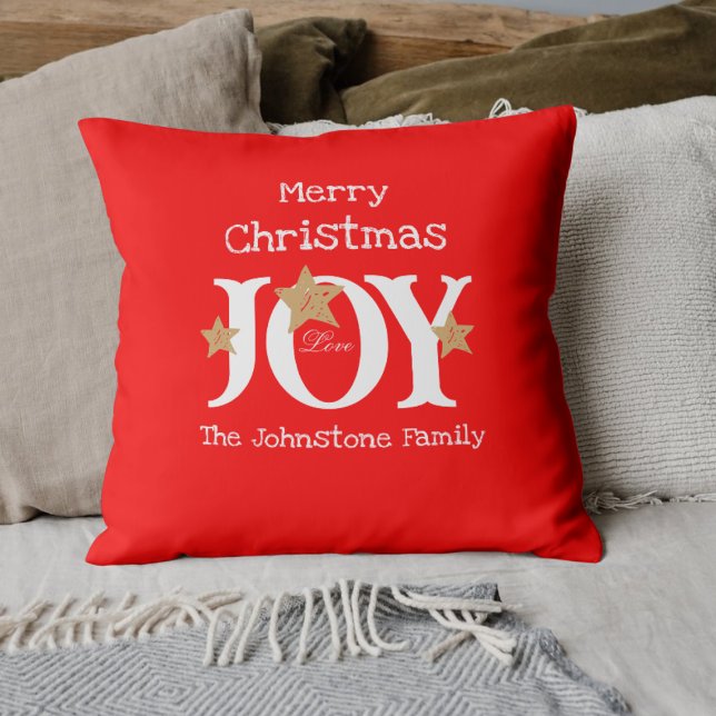 Merry Christmas Joy Script Name Red Holiday Throw Pillow (Cultivate a little Christmas Joy with these bright and cheerful throw pillows.)