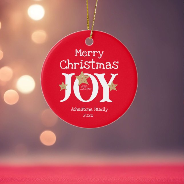 Merry Christmas Joy Simple Elegant Red  Ceramic Ornament (Bright & Cheerful, this lovely Christmas ornament is sure to please.)