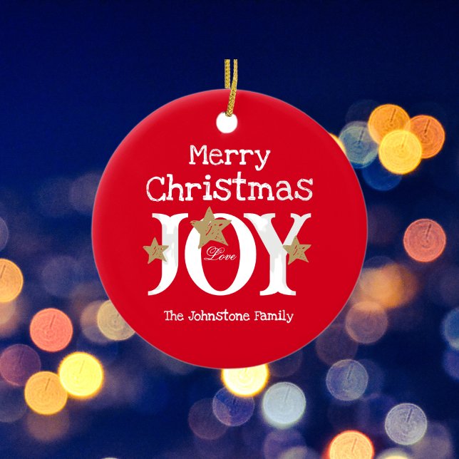 Merry Christmas Joy Simple Elegant Red  Ceramic Ornament (A lovely, bright and cheerful Ceramic Ornament to decorate the holidays.)