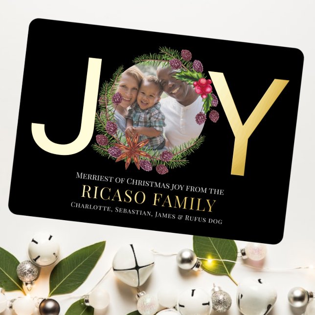 Merry Christmas Joy Wreath Photo Card (Real foil holiday cards. Joy photo template Christmas flat card from Ricaso. Add your own text )