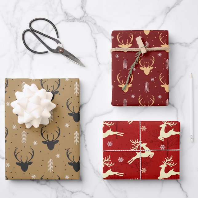 Merry Christmas Jumping Reindeer Snow White Red Wrapping Paper Sheets (Front)