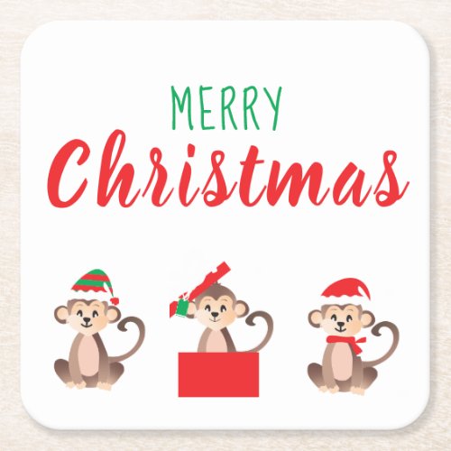 Merry Christmas Jungle Monkey Santa Elf Hat Square Paper Coaster