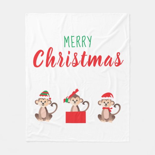 Merry Christmas Jungle Monkeys Elf Santa Hat Fleece Blanket