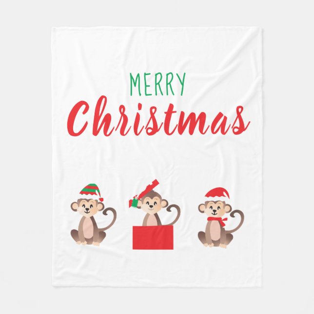Merry Christmas Jungle Monkeys Elf Santa Hat Fleece Blanket (Front)
