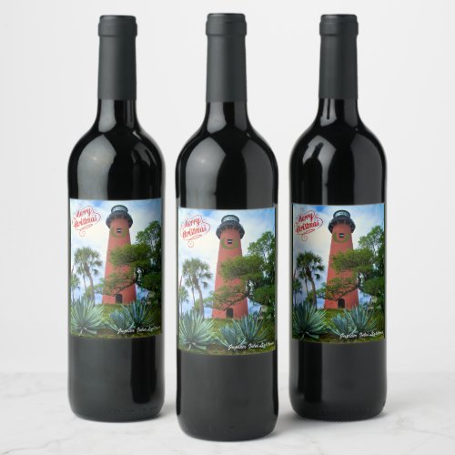 Merry Christmas Jupiter Inlet Lighthouse Florida  Wine Label