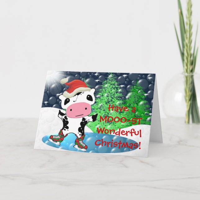 Merry Christmas Kawaii Cow - Customized Holiday Card (Front)
