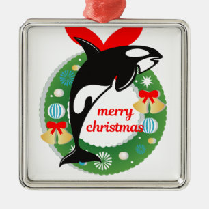 merry christmas killer whale metal ornament
