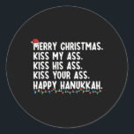 Merry Christmas Kiss My His Your Happy Hanukkah  Classic Round Sticker<br><div class="desc">Merry Christmas Kiss My His Your Happy Hanukkah</div>