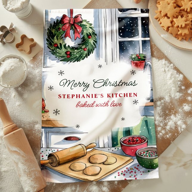 Merry Christmas Kitchen Baking Scene Personalized Kitchen Towel (Creator Uploaded)