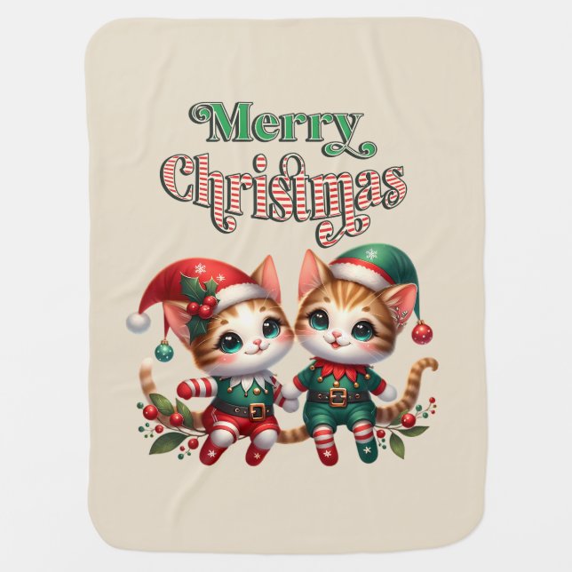 Merry Christmas Kitten Elves Baby Blanket (Front)