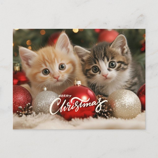 Merry Christmas Kittens and Ornaments Holiday Postcard (Front)