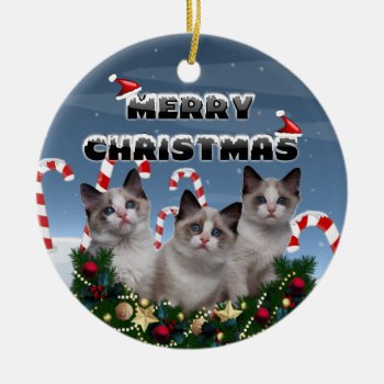 Merry Christmas Kittens In Candy Cane Land Ceramic Ornament by artisticcats at Zazzle