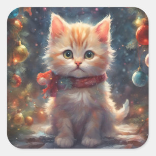 Merry Christmas Kitty Cat, Holiday Kitten, Pet  Square Sticker