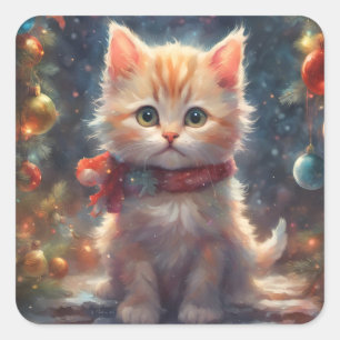 Merry Christmas Kitty Cat, Holiday Kitten, Pet Square Sticker