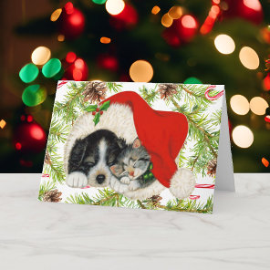 Merry Christmas Kitty Cat Puppy Dog Personalize Holiday Card