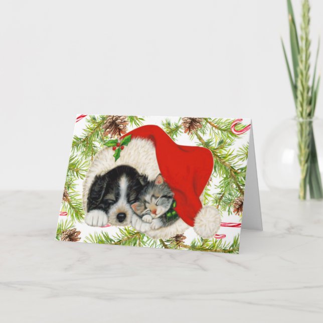 Merry Christmas Kitty Cat Puppy Dog Personalize Holiday Card (Front)
