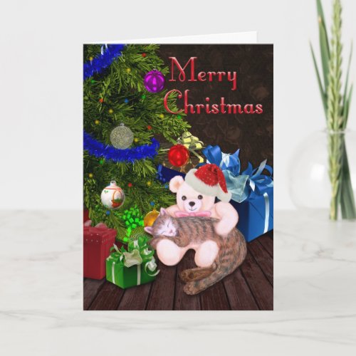 Merry Christmas Kitty Teddy  Christmas Tree Holiday Card