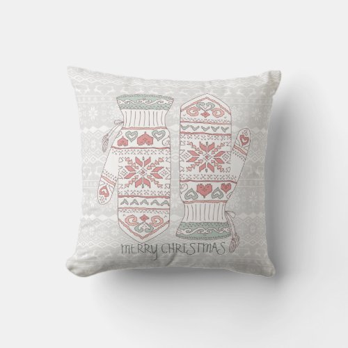 Merry Christmas Knitted Gloves Design Throw Pillow