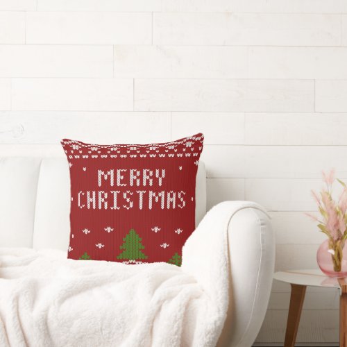 merry Christmasknittingpatterngreenredcozytr Throw Pillow